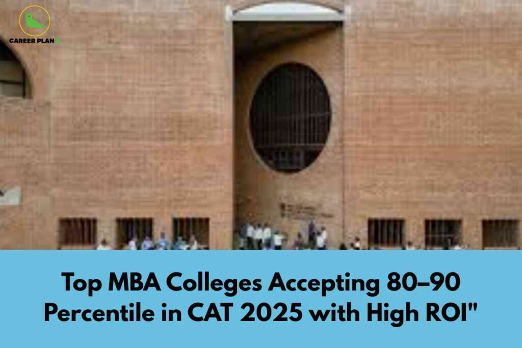 A group of students stands outside a large brick building with a distinctive circular window, representing a leading Indian management institute. At the bottom, a blue banner features bold black text: "Top MBA Colleges Accepting 80–90 Percentile in CAT 2025 with High ROI," highlighting valuable options for MBA aspirants with mid-high scores. The Career Plan B logo appears at the top left, linking the image to authoritative college selection resources.