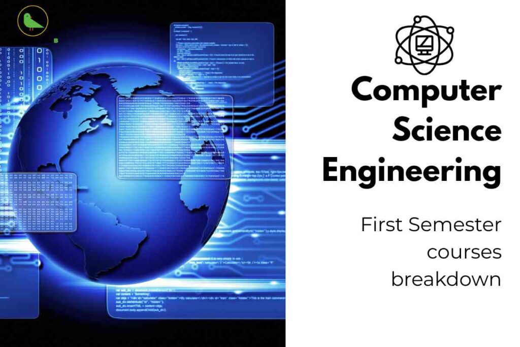 A digital blue globe is surrounded by floating data screens and binary code, symbolizing global information and computer networks. On the right, bold black text reads "Computer Science Engineering" followed by "First Semester courses breakdown," emphasizing guidance for engineering students beginning their academic journey. An icon of a computer within an atomic structure highlights technical learning. The Career Plan B logo is at the top left, linking the image to trusted syllabus and study resources.