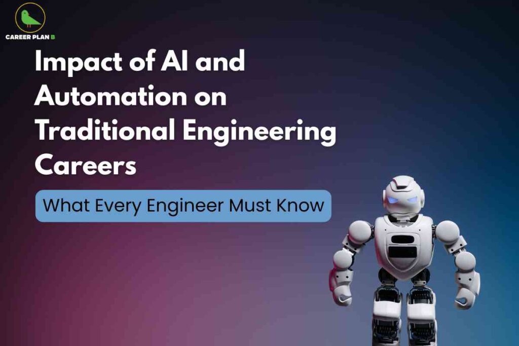 This image highlights the influence of AI and automation on conventional engineering careers. The background transitions from a deep purple at the bottom to dark blue at the top, creating a modern and dynamic feel. On the upper left, the "Career Plan B" logo appears. Prominently across the upper and middle area is bold white text reading, “Impact of AI and Automation on Traditional Engineering Careers.” Beneath this, a blue rounded box contains the phrase “What Every Engineer Must Know,” emphasizing the importance of the topic. To the right, a humanoid robot stands confidently, symbolizing the rise of robotics, technology, and automation in the engineering profession. The composition suggests that understanding these technological changes is essential for engineers in the modern landscape.