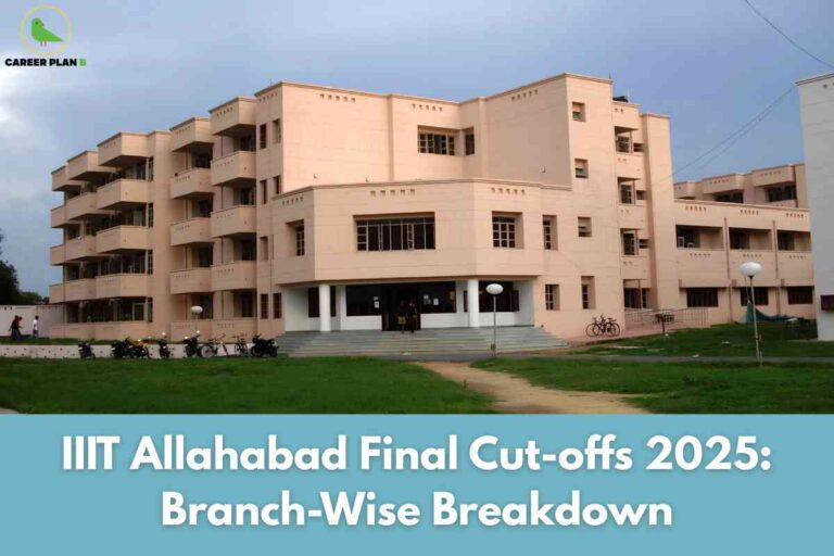 A cream-colored academic building stands against a blue sky with green lawn and parked cycles in front, representing IIIT Allahabad’s campus. At the bottom, a wide blue banner features bold white text: "IIIT Allahabad Final Cut-offs 2025: Branch-Wise Breakdown," highlighting comprehensive cutoff details for different engineering branches. The Career Plan B logo appears at the top left, linking the image to trusted college admission and cutoff resources.