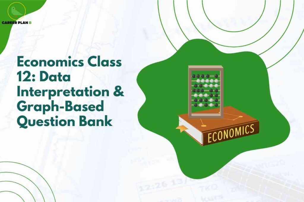 A white and green background features prominent headline text: "Economics Class 12: Data Interpretation & Graph-Based Question Bank," emphasizing a specialized resource for analytical economics questions. On the right, a stylized illustration of an abacus sitting atop a book labeled "ECONOMICS" highlights quantitative reasoning and data skills necessary for students. Circular accent lines represent analysis and connectivity. The Career Plan B logo is displayed at the top left, signifying trusted academic support.