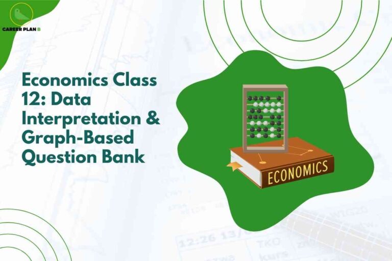 A white and green background features prominent headline text: "Economics Class 12: Data Interpretation & Graph-Based Question Bank," emphasizing a specialized resource for analytical economics questions. On the right, a stylized illustration of an abacus sitting atop a book labeled "ECONOMICS" highlights quantitative reasoning and data skills necessary for students. Circular accent lines represent analysis and connectivity. The Career Plan B logo is displayed at the top left, signifying trusted academic support.