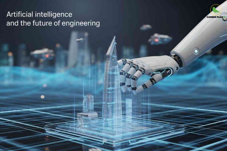 Futuristic dark cityscape with illuminated buildings and white robotic hand reaching towards holographic crystal structures with white text "Artificial intelligence and the future of engineering" and Career Plan B logo representing AI engineering career opportunities.