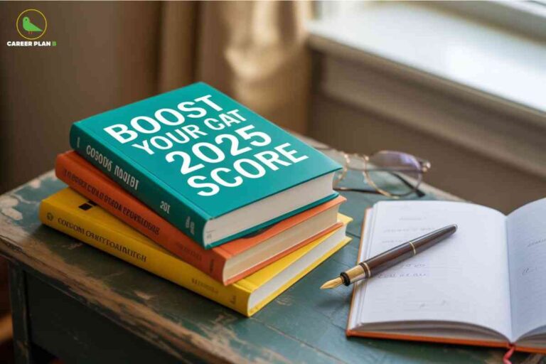 Stack of colorful textbooks including green "BOOST YOUR CAT 2025 SCORE" book with fountain pen and open notebook on wooden desk near window representing comprehensive CAT Reading Comprehension study materials and systematic preparation approach with Career Plan B logo.