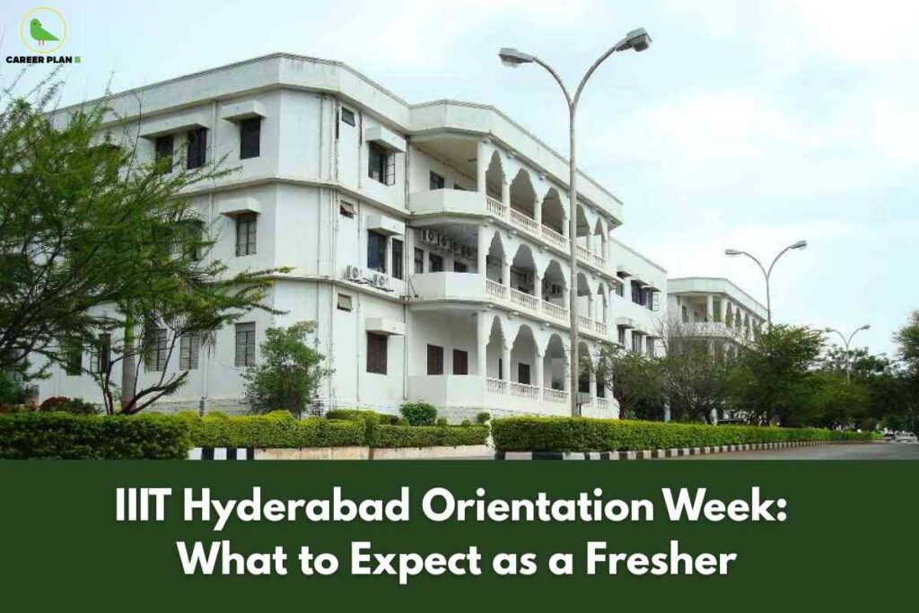 A colonial-style white building with multiple floors and arched balconies sits beside a tree-lined campus road at IIIT Hyderabad. In the lower section, bold white text on a dark green background reads "IIIT Hyderabad Orientation Week: What to Expect as a Fresher," emphasizing an informative guide for new students on campus acclimatization and activities. The Career Plan B logo in the upper left denotes trusted student-focused content.