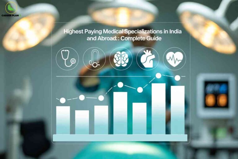 Inside an operating theatre, a medical professional works beneath bright surgical lights. Overlaid is a transparent visual showing a rising bar and line graph, along with icons for stethoscope, medical instruments, brain, heart, and cardiograph, symbolizing diverse medical fields. White headline text reads "Highest Paying Medical Specializations in India and Abroad: Complete Guide," highlighting lucrative career paths in healthcare. The Career Plan B logo appears at the top left, linking the image to authoritative medical career resources.