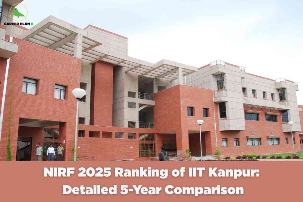 A wide-angle view of a modern red-brick and concrete academic building at IIT Kanpur, set against a bright sky and surrounded by tidy landscaping, showcases the institute’s advanced infrastructure. A terracotta banner along the bottom displays bold text that reads "NIRF 2025 Ranking of IIT Kanpur: Detailed 5-Year Comparison," emphasizing an in-depth evaluation of the institute’s national ranking trends. The Career Plan B logo appears at the top left, connecting the image to credible educational ranking coverage.