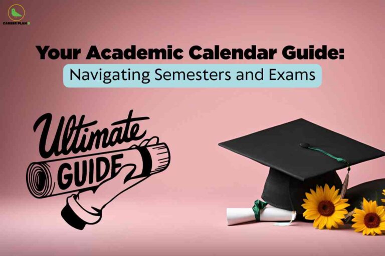 The image serves as a banner for an academic guide titled “Your Academic Calendar Guide: Navigating Semesters and Exams”. The upper part features bold black and pastel blue highlighted text, with the “Career Plan B” bird logo in the top left. On the left side, there’s a hand-drawn graphic of a hand holding a rolled-up diploma labeled “Ultimate Guide.” The right side displays a black graduation cap placed beside a diploma scroll with a green ribbon, accompanied by two bright yellow sunflowers, all set against a solid pink background. The visual elements collectively represent academic achievement, graduation, and step-by-step guidance for students planning their semesters and exam schedules.