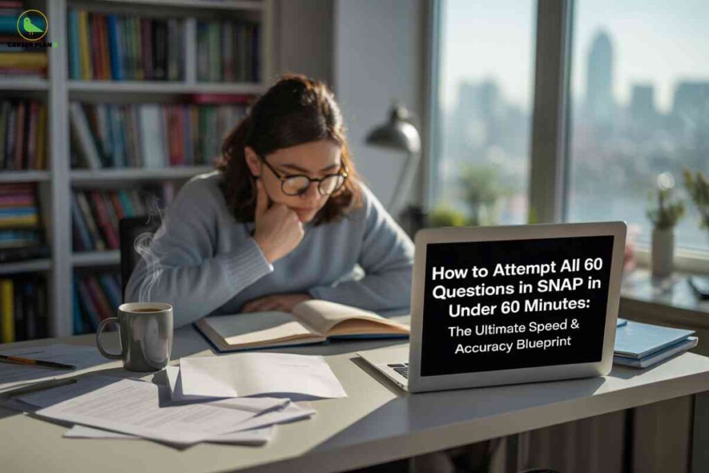 The image shows a student seated at a desk in a library or study room, focused on exam preparation. The workspace includes notebooks, loose papers, a steaming coffee mug, and a laptop with an open screen. On the laptop, the text reads: “How to Attempt All 60 Questions in SNAP in Under 60 Minutes: The Ultimate Speed & Accuracy Blueprint.” In the room’s background, tall city buildings are visible through large windows. The “Career Plan B” green bird logo is in the upper left corner, visually linking the scene to expert guidance on SNAP exam strategy, speed, and accuracy for test takers.