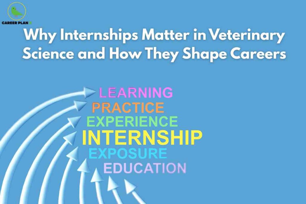 A bright graphic on a blue background highlights the importance of internships in veterinary science with white bold text at the top: "Why Internships Matter in Veterinary Science and How They Shape Careers." Below, arrows point to colorful keywords—LEARNING, PRACTICE, EXPERIENCE, INTERNSHIP, EXPOSURE, EDUCATION—symbolizing the layered benefits and foundational impact of internships on veterinary students’ professional growth. The Career Plan B logo appears at the upper left, underscoring educational and career guidance.