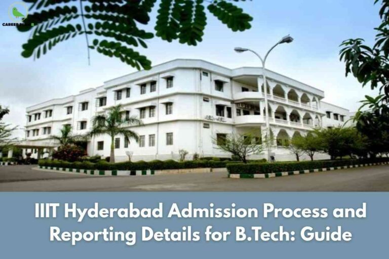 A college admissions informational graphic featuring a photograph of the IIIT Hyderabad campus. The main focus is a large, white multi-story academic building with rectangular windows and arched balcony areas, surrounded by manicured greenery including palm trees and bushes. The building sits adjacent to a paved roadway, and the foreground includes trimmed hedges and a walkway. At the top left is a green bird logo with the text "CAREER PLAN B" underneath. The upper part of the image is framed by tree branches with fern-like leaves, while a blue sky is visible in the background. At the bottom of the image, there is a solid blue banner containing bold white text that reads: "IIIT Hyderabad Admission Process and Reporting Details for B.Tech: Guide." The overall layout combines a professional campus photograph with clear textual information, intended to help prospective students understand admission and reporting details for the B.Tech program at IIIT Hyderabad.
