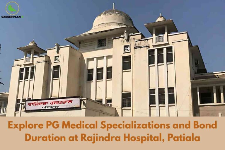 The image shows a prominent view of Rajindra Hospital in Patiala, a cream-colored building with classic dome-shaped structures and rectangular windows set against a clear blue sky. Visible on the left is a sign in Punjabi script indicating the hospital’s name and location. The top left corner features the "CAREER PLAN B" logo with a green bird. Along the bottom, a light brown banner contains bold brown text reading: "Explore PG Medical Specializations and Bond Duration at Rajindra Hospital, Patiala," highlighting the focus on postgraduate medical courses and bond duration at this institution. The overall design conveys a sense of heritage and importance in medical education.