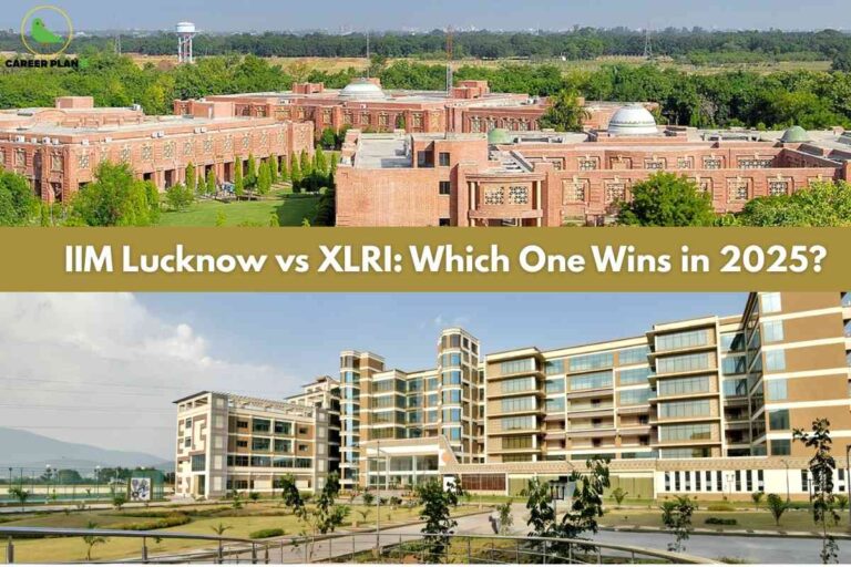 The image is split horizontally into two sections, separated by a golden band in the center. The top half features an aerial view of the IIM Lucknow campus, showing sprawling red-brick buildings surrounded by lush green trees and lawns. The bottom half presents a wide-angle shot of the XLRI campus, with modern cream and glass buildings in the foreground and landscaped gardens. Across the golden divider in bold white text is written: "IIM Lucknow vs XLRI: Which One Wins in 2025?" In the upper left corner of the image, the "CAREER PLAN B" logo with a bird icon is visible. The overall composition highlights a comparison between two premier Indian management institutes.