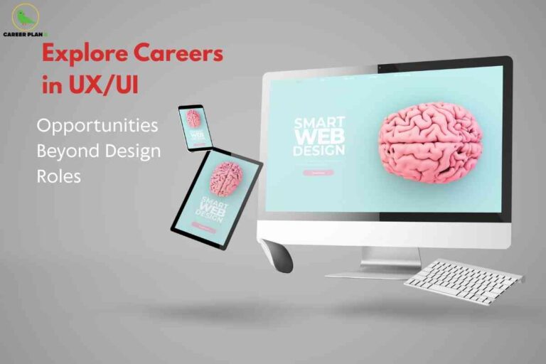 This image features a digital and modern theme, showcasing various devices including a desktop computer, tablet, and smartphone, all displaying the same webpage with a prominent illustration of a pink, realistic human brain on a light blue background. The on-screen text reads "SMART WEB DESIGN" in bold white letters. Floating below the monitor is a sleek white keyboard, suggesting a workspace focused on technology and design. On the left side, large text in red and white reads: "Explore Careers in UX/UI" and "Opportunities Beyond Design Roles." In the upper left corner is a small logo with a green bird and the words "CAREER PLAN B." The overall background is a neutral gray, ensuring the digital devices and text stand out. The image visually conveys exploration of career paths in User Experience (UX) and User Interface (UI) design, emphasizing technological proficiency and the diversity of professional opportunities in these domains outside of traditional design roles.