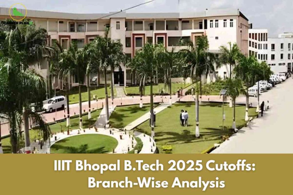 A branch-wise cutoff analysis image for IIIT Bhopal B.Tech 2025, featuring the modern academic building and landscaped green lawns with palm trees, and a prominent gold banner at the bottom stating “IIIT Bhopal B.Tech 2025 Cutoffs: Branch-Wise Analysis,” visually emphasizing detailed cutoff data and analysis for different engineering branches in the 2025 admission cycle.