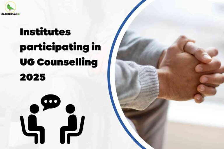 A focused counselling process image for UG Counselling 2025 seat matrix, featuring a close-up of clasped hands suggesting thoughtful consideration, a black icon of two people engaged in a discussion with a speech bubble, and bold headline text “Institutes participating in UG Counselling 2025,” visually highlighting the key theme of institutional participation and decision-making in undergraduate seat allocation for 2025 admissions.