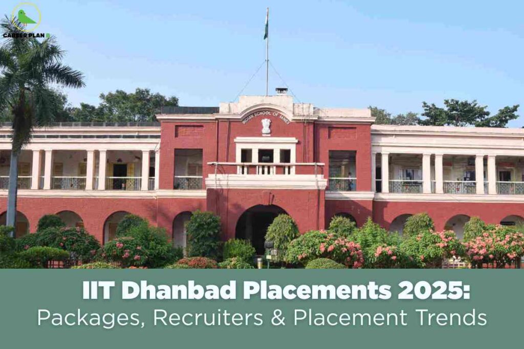 The image displays the iconic red-brick main building of IIT Dhanbad (Indian Institute of Technology, formerly Indian School of Mines) with colonial architecture, arched doorways, and white accents, surrounded by vibrant green gardens and flower bushes under a clear blue sky. The campus is prominently featured, conveying academic heritage and prestige. Overlay text at the bottom reads: "IIT Dhanbad Placements 2025: Packages, Recruiters & Placement Trends," targeting students and professionals seeking information about recent placement statistics, job packages, top recruiters, and placement trends at IIT Dhanbad. The top left corner contains the "CAREER PLAN B" logo, indicating educational guidance content.