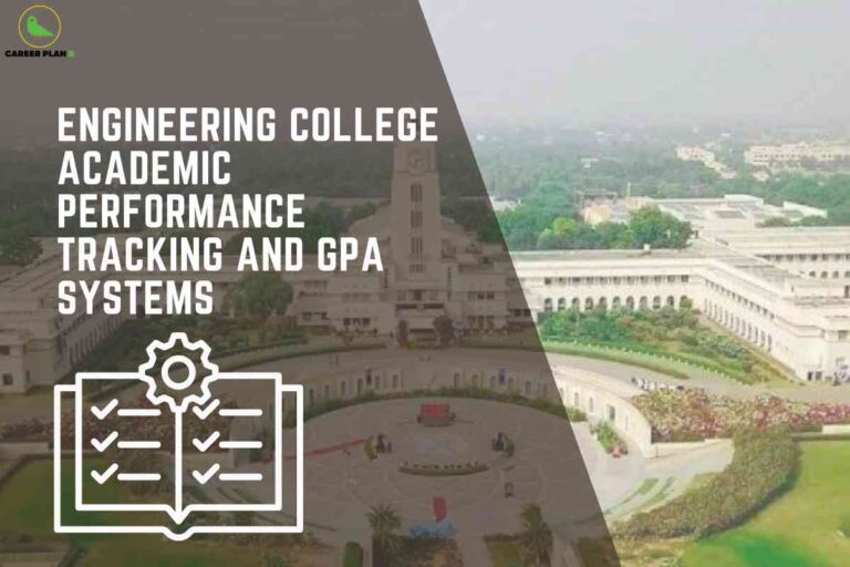 The image features the aerial view of a large, prominent white academic building with circular driveways and green lawns, symbolizing a college or engineering institute campus. On the left side, a dark semi-transparent overlay covers part of the campus, over which large white text reads: “ENGINEERING COLLEGE ACADEMIC PERFORMANCE TRACKING AND GPA SYSTEMS.” Below the text, there is a white icon of an open book with checkmarks and a gear, visually representing performance tracking and system management. In the top left, the “CAREER PLAN B” logo with a green bird is visible. The overall design emphasizes the importance of monitoring academic performance and GPA within engineering colleges.