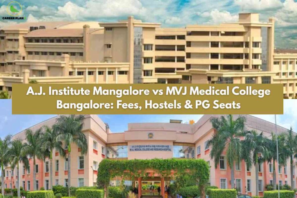 The image is split horizontally into two sections, each displaying the main building of a different medical college. The upper half shows a large multi-storey cream-colored building with numerous windows under a partly cloudy, blue sky. The lower half features a front view of another sizeable campus building, surrounded by palm trees, trimmed bushes, and people walking near the entrance. In the top left corner is a green bird logo labeled "CAREER PLAN B." Across the center, a wide mustard-gold banner features bold white text reading: “A.J. Institute Mangalore vs MVJ Medical College Bangalore: Fees, Hostels & PG Seats.” The composition highlights a comparative review of these two institutions, focusing on costs, accommodation, and post-graduate opportunities.