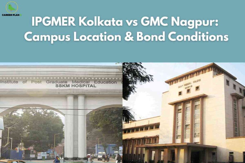 The image compares two medical institutes: the left side shows the grand, white-pillared entrance gate of IPGMER Kolkata with "Institute of Post Graduate Medical Education & Research SSKM Hospital" written above, and the right side features the beige multi-storey academic building of Government Medical College (GMC) Nagpur. The top, on a muted blue background, reads: "IPGMER Kolkata vs GMC Nagpur: Campus Location & Bond Conditions." The Career Plan B logo appears in the top left corner.