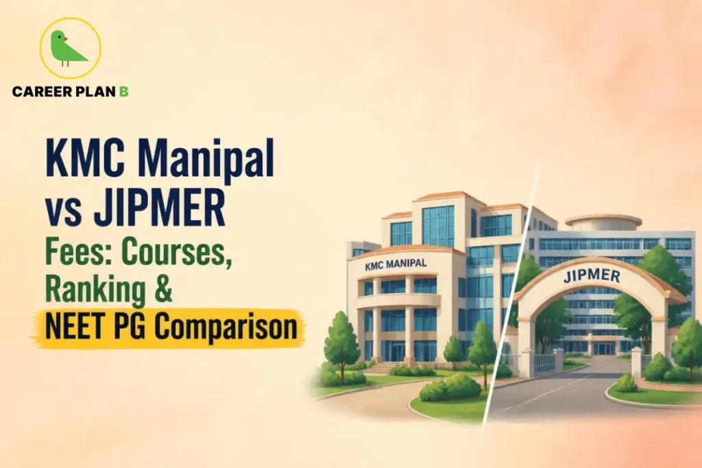 Banner comparing KMC Manipal vs JIPMER fees, courses, ranking, and NEET PG comparison, featuring side-by-side medical college campus buildings.