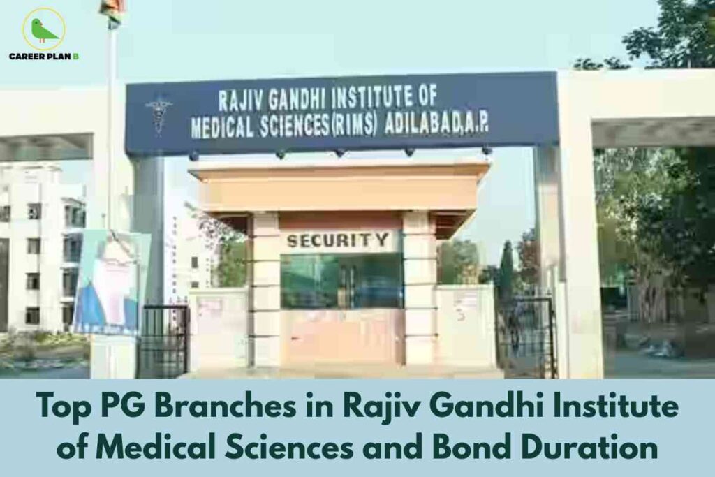 The entrance gate of Rajiv Gandhi Institute of Medical Sciences (RIMS) Adilabad, Andhra Pradesh, is shown under clear daylight, featuring a prominent blue signboard with the institute’s name in bold white lettering. Beneath the image, a blue-green banner displays "Top PG Branches in Rajiv Gandhi Institute of Medical Sciences and Bond Duration," highlighting essential information for postgraduate medical aspirants regarding specialization choices and service requirements. The Career Plan B logo appears at the top left, linking the image to trusted educational guidance.