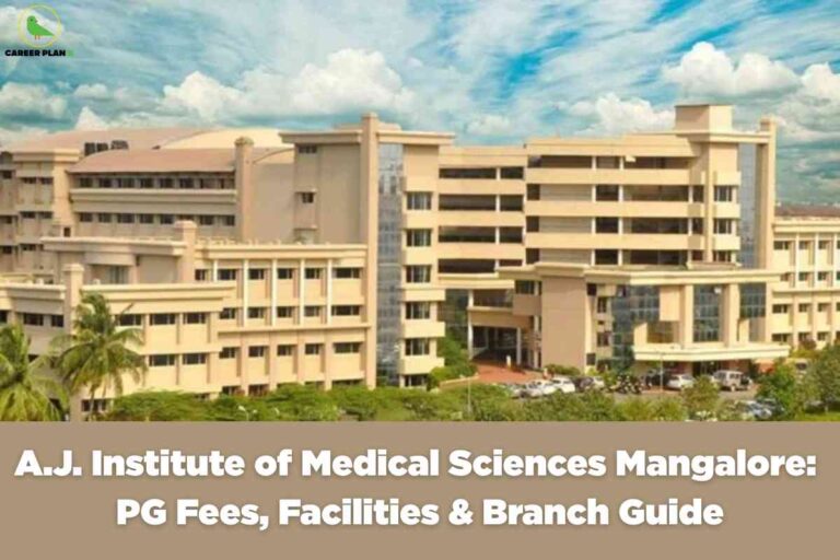 A clear campus and academic information image for A.J. Institute of Medical Sciences Mangalore PG fees, featuring the expansive beige academic complex under a blue sky, with a brown banner that reads “A.J. Institute of Medical Sciences Mangalore: PG Fees, Facilities & Branch Guide,” visually emphasizing essential details about postgraduate fee structure, available facilities, and specialized academic branches at the institute.