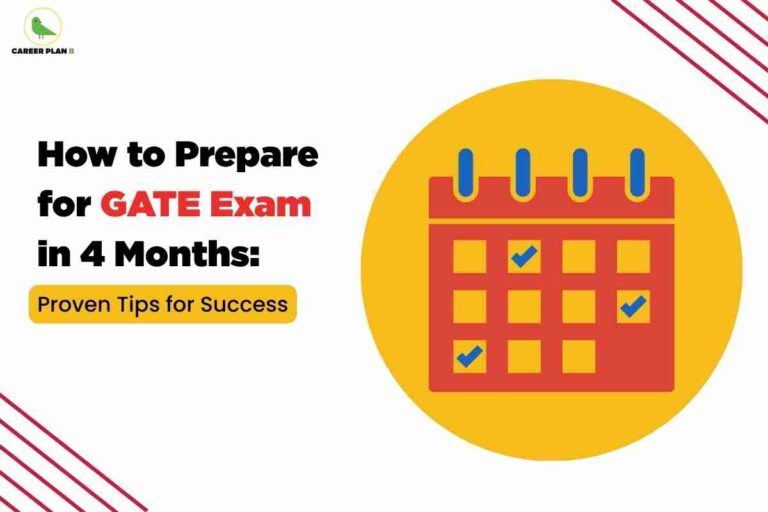 On the left side, bold text reads "How to Prepare for GATE Exam in 4 Months:" with "GATE Exam" highlighted in red. Below, a yellow rounded box states "Proven Tips for Success." On the right, there's a large yellow circle with a red calendar featuring blue checkmarks, symbolizing a planned and scheduled preparation schedule. The Career Plan B logo appears at the top left, and simple diagonal red lines accent the white background, conveying structured and strategic exam preparation.