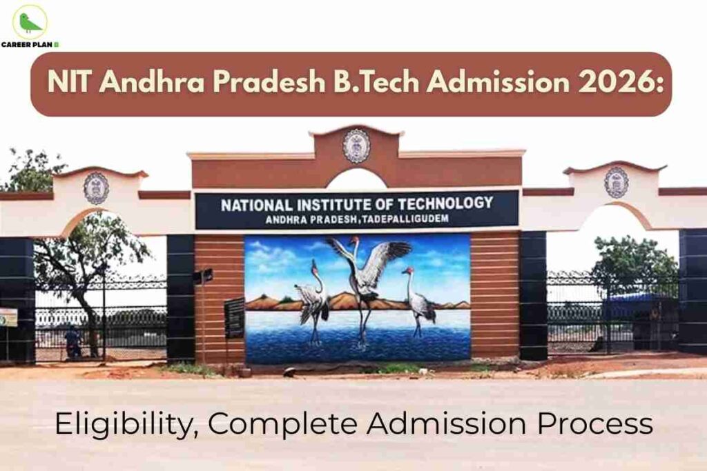 A clear entrance image for NIT Andhra Pradesh B.Tech Admission 2026, displaying the distinctive gateway of National Institute of Technology Andhra Pradesh in Tadepalligudem with bold campus signage, a colorful mural of cranes by a lake, tree-lined fencing, and warm brown architectural highlights, alongside text stating “Eligibility, Complete Admission Process,” naturally emphasizing the campus atmosphere and key steps for B.Tech admissions at NIT Andhra Pradesh in 2026.