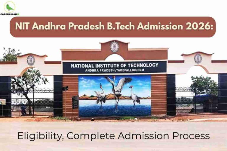 A clear entrance image for NIT Andhra Pradesh B.Tech Admission 2026, displaying the distinctive gateway of National Institute of Technology Andhra Pradesh in Tadepalligudem with bold campus signage, a colorful mural of cranes by a lake, tree-lined fencing, and warm brown architectural highlights, alongside text stating “Eligibility, Complete Admission Process,” naturally emphasizing the campus atmosphere and key steps for B.Tech admissions at NIT Andhra Pradesh in 2026.