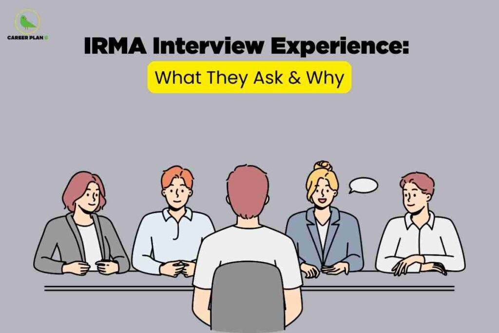 Cartoon style illustration showing four professional interviewers sitting at table across from candidate with light purple background highlighting IRMA interview experience what they ask and why with yellow banner text and Career Plan B branding featuring diverse panel members in business attire
