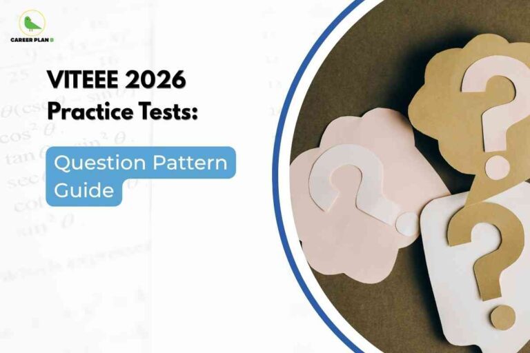 An image showing wooden question marks on a dark surface with a brain symbol visible among them, set against a blue and white curved background. The Career Plan B logo appears in the upper left corner, with text reading "VITEEE 2026 Practice Tests:" and a blue banner stating "Question Pattern Guide" on the left side.