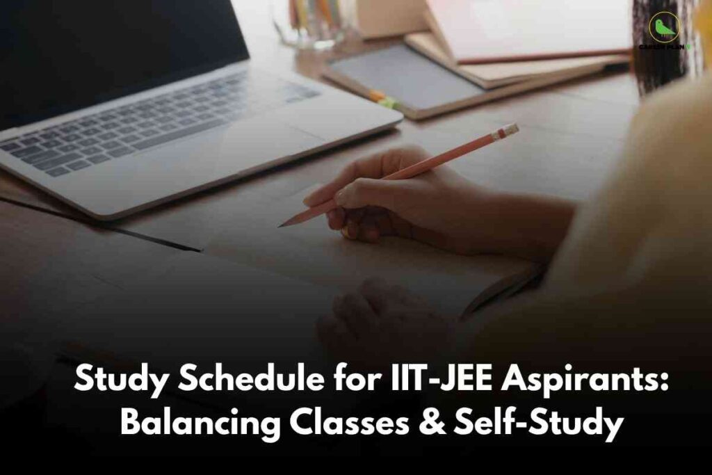 An image showing a study environment with a laptop computer, pencil in hand, and stacked books in the background. The Career Plan B logo appears in the upper right corner, with white text overlay reading "Study Schedule for IIT-JEE Aspirants: Balancing Classes & Self-Study" against the workspace setting.