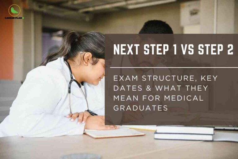 A medical-themed educational banner. On the left, a female student in a white lab coat with a stethoscope around her neck is intently studying, writing in an open notebook at a desk with a stack of white books beside her. The background shows an indoor setting with soft lighting and blurred surroundings, indicating a classroom or study area. On the right, a translucent brown overlay contains bold white text: "NEXT STEP 1 VS STEP 2" at the top, followed by "EXAM STRUCTURE, KEY DATES & WHAT THEY MEAN FOR MEDICAL GRADUATES" in smaller font. The "Career Plan B" logo with a green bird and black text is visible at the top left. The design highlights a comparison of NEXT Step 1 and Step 2 exams for medical graduates, focusing on their structure and important dates.