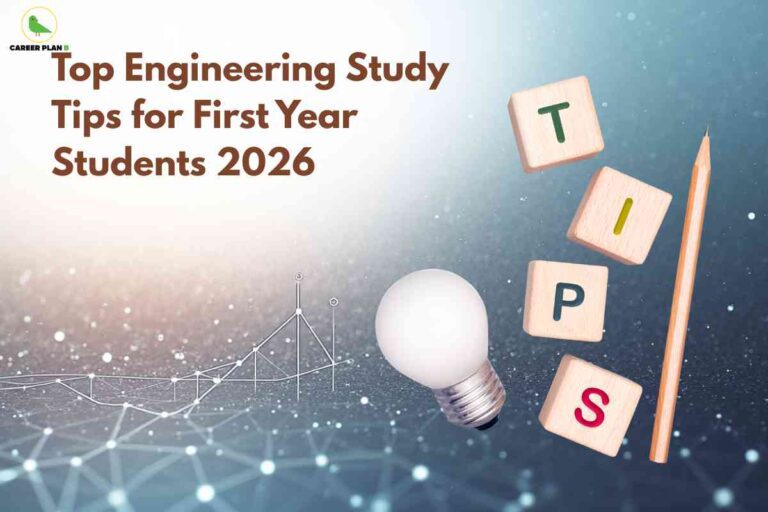 Wooden letter blocks spelling "TIPS" with lightbulb, pencil, and geometric network connections, illustrating Engineering Study Tips for First Year Students 2026 with Career Plan B logo.