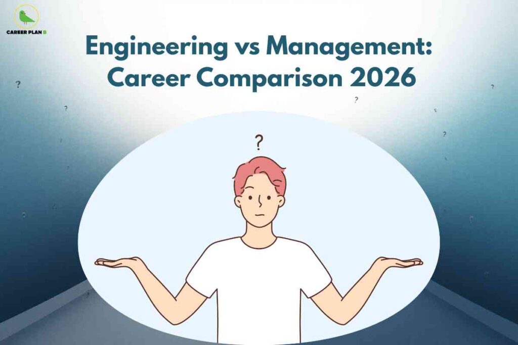 Confused student with question mark above head, arms spread in decision-making gesture against blue background with scattered question marks, representing engineering vs management career comparison 2026 with Career Plan B logo.
