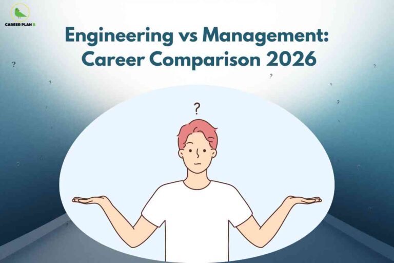 Confused student with question mark above head, arms spread in decision-making gesture against blue background with scattered question marks, representing engineering vs management career comparison 2026 with Career Plan B logo.