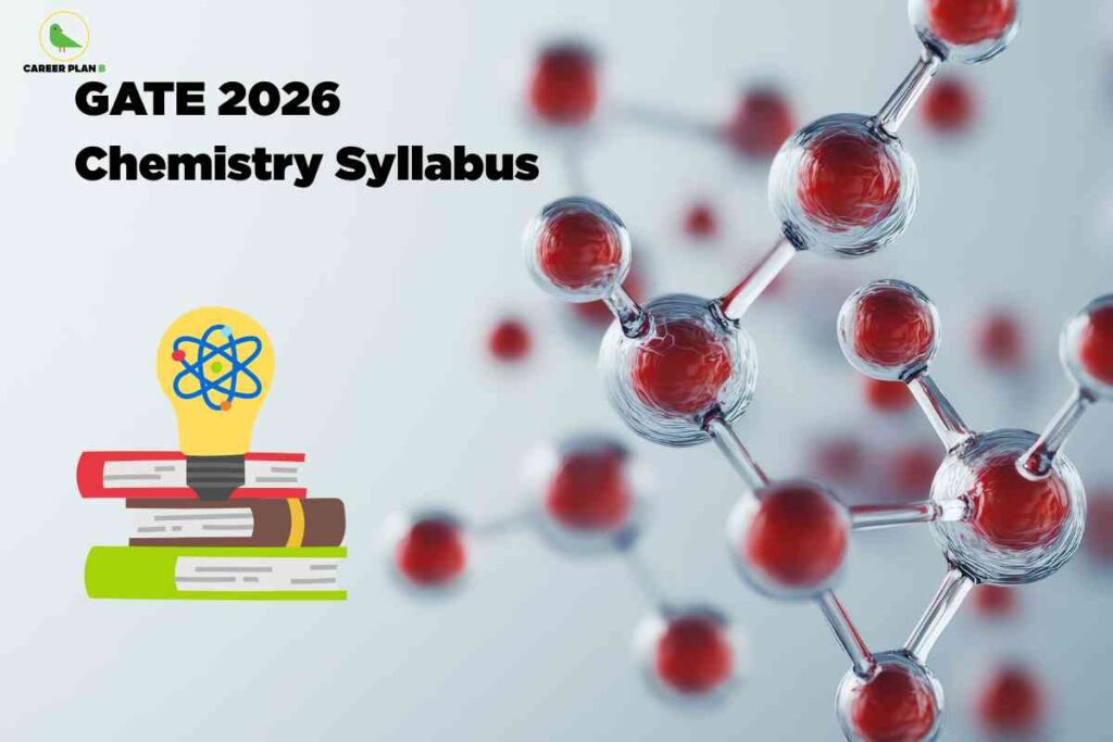 The image is a digital graphic promoting the "GATE 2026 Chemistry Syllabus." In the upper left corner, there is a small logo featuring a green bird with a yellow beak, encircled, and the text "CAREER PLAN B" written beside it. The main headline text, "GATE 2026 Chemistry Syllabus," appears in large, bold black font on the left side of the image. Below the headline, there is an illustration of a stack of three books—red, brown, and green from top to bottom—placed horizontally. On top of the books sits a yellow light bulb with a stylized blue atom structure and red and yellow electrons orbiting it, symbolizing knowledge in science. The right side of the image features a realistic 3D molecular structure, with several interconnected transparent spheres containing red centers, set against a light, blurred background. The overall visual theme combines elements of education (books and light bulb), science (molecular structure and atom symbol), and academic preparation.
