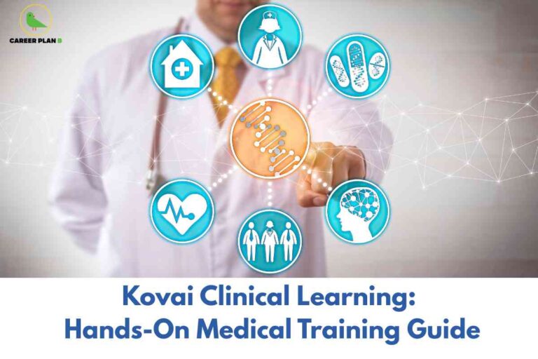 Kovai clinical learning medical training infographic from Career Plan B showing "Kovai Clinical Learning: Hands-On Medical Training Guide" with healthcare professional background and six connected medical icons including hospital, doctor, medications, DNA/circuit pattern, heart monitor, patient care figures, and brain networks, representing comprehensive clinical training programs at KMCH with real-world hospital experience, specialty rotations, and hands-on medical education.