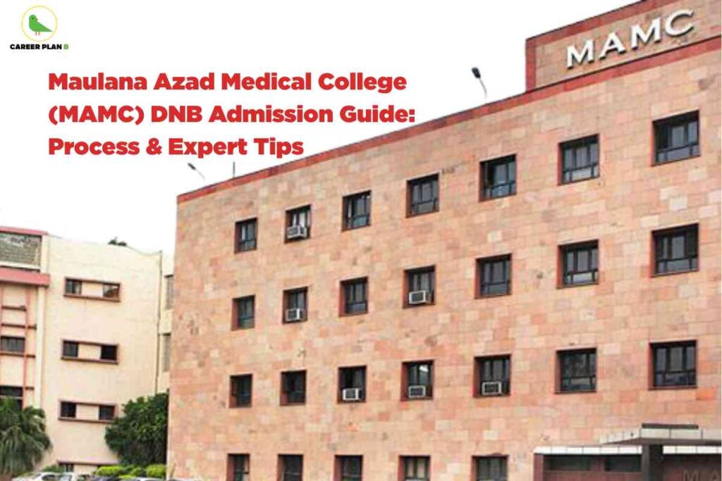 This image features the exterior of Maulana Azad Medical College (MAMC), a prominent medical institution in Delhi, characterized by its pinkish-beige stone facade and multiple rectangular windows equipped with air conditioning units. The main building prominently displays "MAMC" at the top right on a raised platform. On the upper left corner, the Career Plan B logo is visible, indicating the association with an educational consulting brand. The main textual element appears in bold red font on a white background, reading: "Maulana Azad Medical College (MAMC) DNB Admission Guide: Process & Expert Tips." This headline highlights the focus of the image on guiding viewers through the DNB (Diplomate of National Board) admission process at MAMC, including expert advice and procedural guidance.
