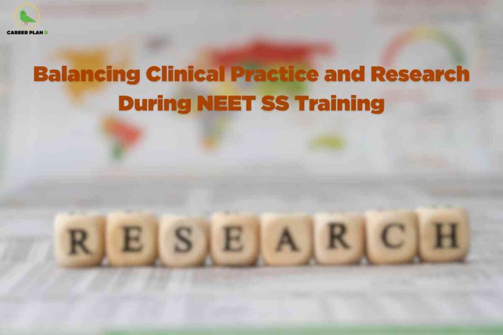 This image is themed around medical research and clinical training during NEET SS preparation. The background features a blurred world map and printed documents, hinting at data, global medical knowledge, or research materials. In the foreground, wooden letter cubes are arranged in a row to spell out "RESEARCH," emphasizing the importance of investigation and academic inquiry. At the top left, the Career Plan B logo is present, indicating the branding of an educational consulting service. Prominently, bold orange text is displayed across the center, reading: "Balancing Clinical Practice and Research During NEET SS Training," signifying the image’s focus on managing both hands-on clinical work and academic research during NEET SS postgraduate medical training.