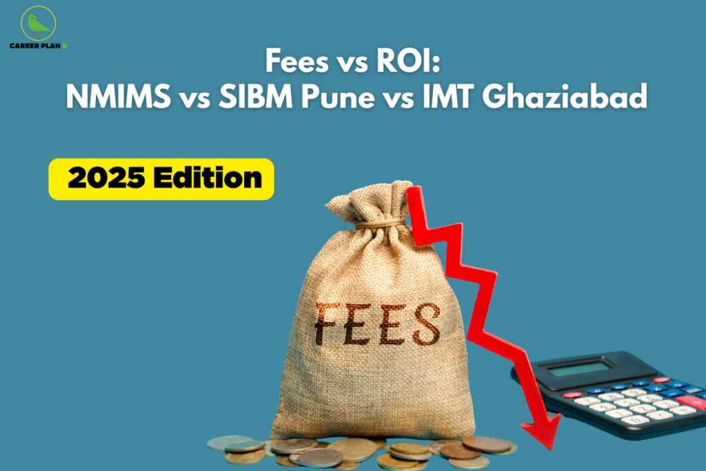 Blue financial infographic featuring burlap money bag labeled "FEES" with red downward arrow, calculator, and scattered coins with white title "Fees vs ROI: NMIMS vs SIBM Pune vs IMT Ghaziabad" and yellow "2025 Edition" badge with Career Plan B logo.