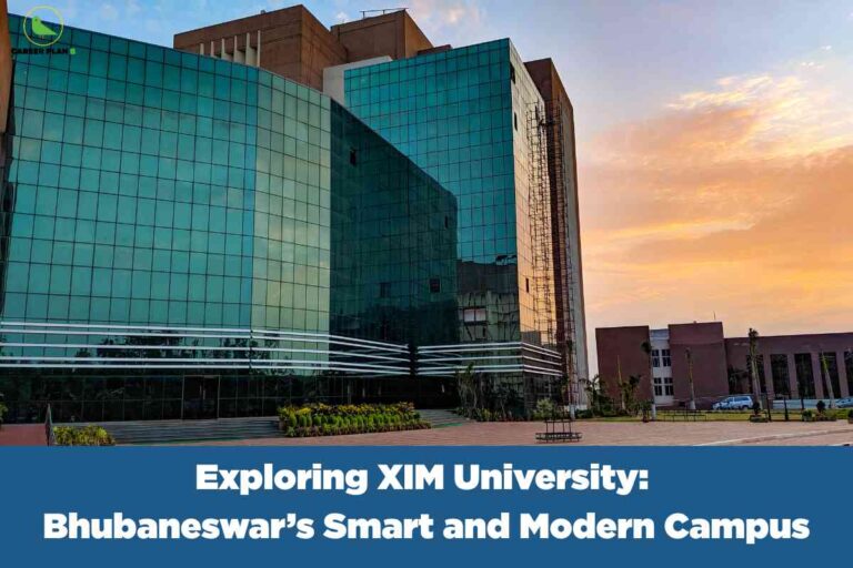 A campus tour promotional banner featuring the XIM University building in Bhubaneswar. The image foreground shows a large, ultra-modern campus structure with a glass façade reflecting the sky, bordered by brown and beige segments. Well-maintained landscaping with shrubs is visible beside a wide, red-tiled pavement. The sky in the background displays a picturesque mix of blue and orange hues from the setting sun, adding vibrancy. The top left corner displays the "Career Plan B" logo with a green bird icon and text. At the bottom, a bold white headline over a blue banner reads: "Exploring XIM University: Bhubaneswar’s Smart and Modern Campus". The overall look highlights the advanced infrastructure and welcoming environment of the XIM University campus.