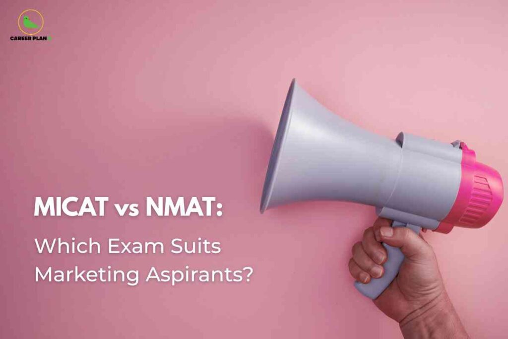 This image features a marketing and exam-related theme relevant to MBA aspirants. The central element is a hand holding a large gray and pink loudspeaker (megaphone) against a pastel pink wall, symbolizing communication and promotion—key aspects of marketing. On the upper left, the Career Plan B logo is visible, denoting the educational consulting brand behind the content. The left half of the image contains bold white headline text that reads: "MICAT vs NMAT: Which Exam Suits Marketing Aspirants?" This highlights the purpose of the visual, which is to compare two MBA entrance exams (MICAT and NMAT) focused on candidates interested in marketing specializations.
