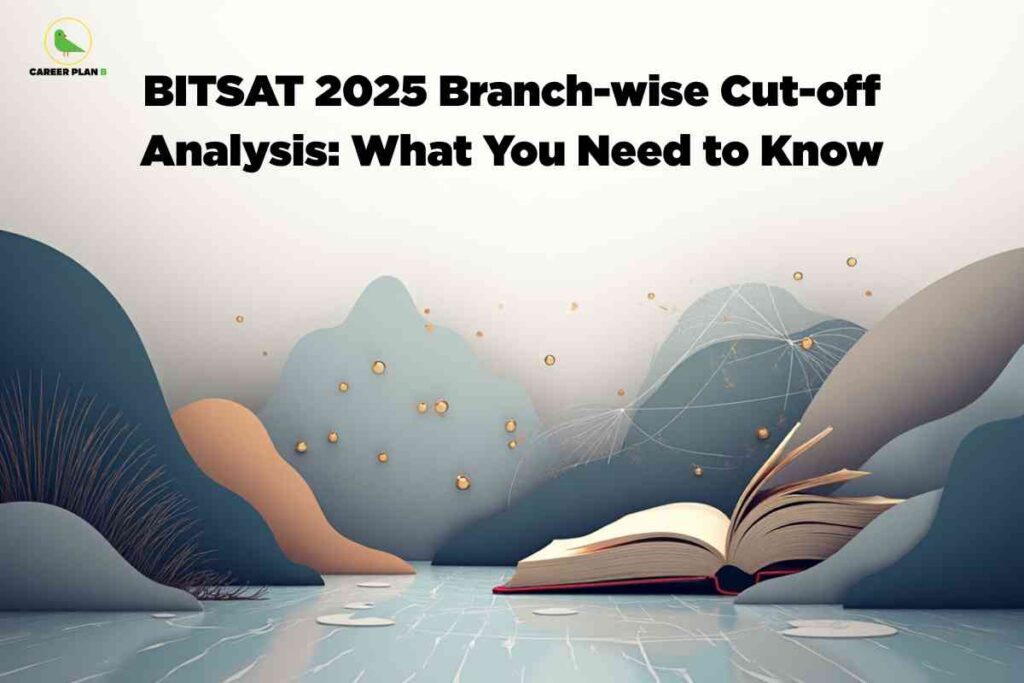 An artistic illustration showing an open book floating on water with mountains in the background and small glowing orbs scattered throughout. The title "BITSAT 2025 Branch-wise Cut-off Analysis: What You Need to Know" appears at the top in black text with the Career Plan B logo in the upper left corner.