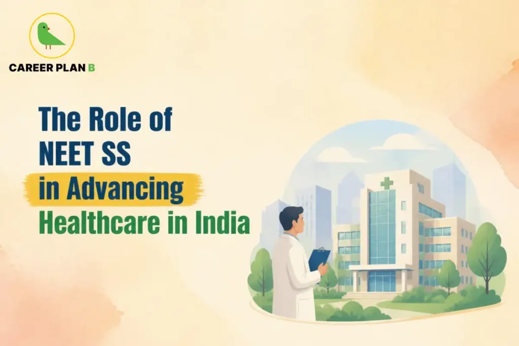 NEET SS healthcare graphic showing a doctor outside a hospital, with Career Plan B logo.
