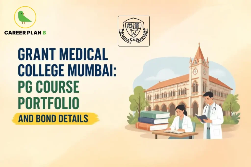 Educational infographic by Career Plan B titled "GRANT MEDICAL COLLEGE MUMBAI: PG COURSE PORTFOLIO AND BOND DETAILS". Top-left features the Career Plan B logo with a green bird inside a solid gold circular emblem with text below. Right side shows two medical professionals in white coats—one sitting at a desk studying next to stacked books, and one standing reading a book—in front of the historic Grant Medical College Mumbai building. The institutional emblem is positioned at the top center.