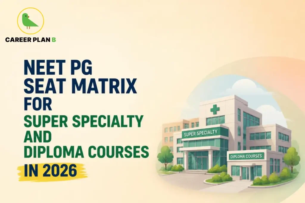 Banner text highlighting NEET PG seat matrix for super specialty and diploma courses in 2026, alongside a super specialty hospital building illustration.