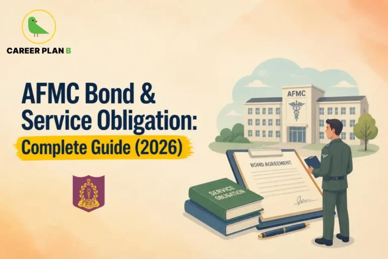 Banner text detailing AFMC bond and service obligation complete guide 2026, alongside an armed forces medical officer, bond agreement document, and AFMC building.