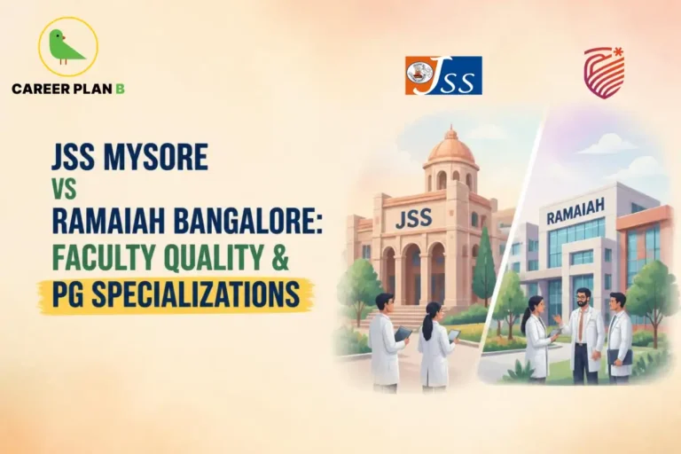 Banner comparing JSS Mysore vs Ramaiah Bangalore faculty quality and PG specializations, featuring medical doctors outside both college campuses.